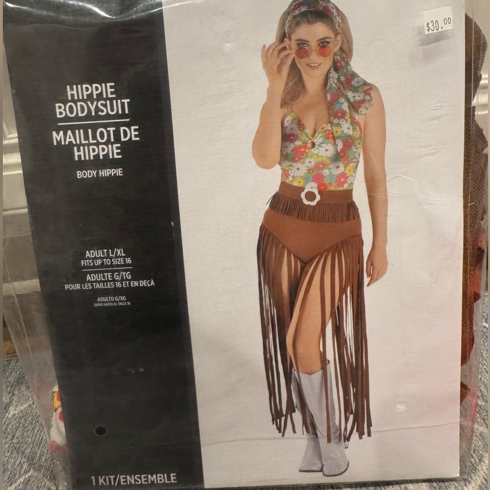 Hippie Bodysuit with Floral Top and Fringe Halloween Costume - L/XL